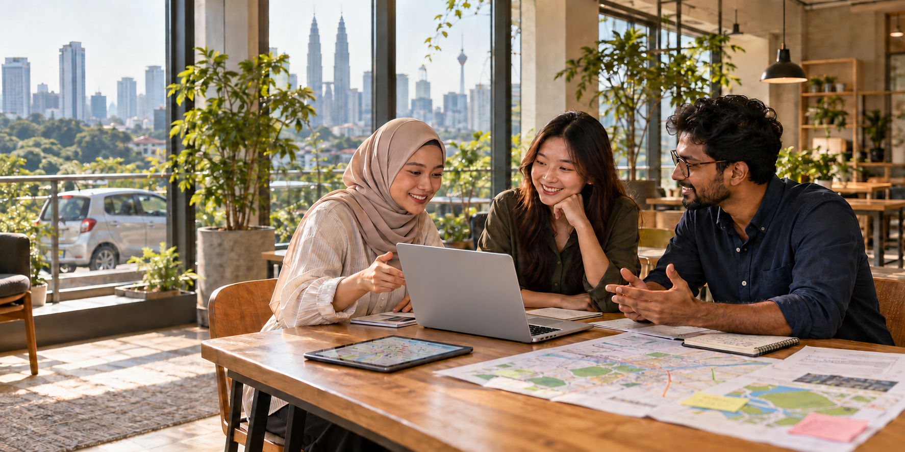 Three Malaysian car-sharing community members using a laptop and tablet to discuss neighbourhood mobility in Kuala Lumpur